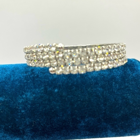 Rhinestone Wrap Bracelet Triple Stranded Silver tone Bright Shiny Bangle Style - Picture 3 of 8